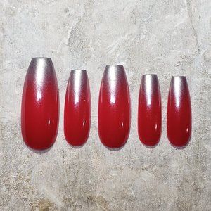 Custom Press on Nails fake nails Handmade 20pc set holiday red silver ombre tip
